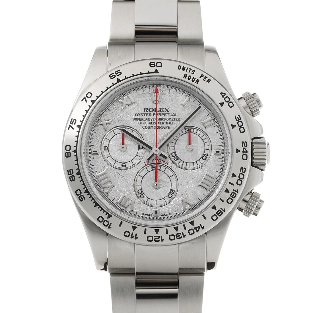 ROLEX COSMOGRAPH DAYTONA METEOLITE WATCH: ROLEX Cosmograph Daytona Meteolite Watch Brand: ROLEX Type/Style: Wristwatch Material: Band Material White gold, Case Material White gold Color: Dial Color Meteolite Size: ?Case? H/about 40mm W/about