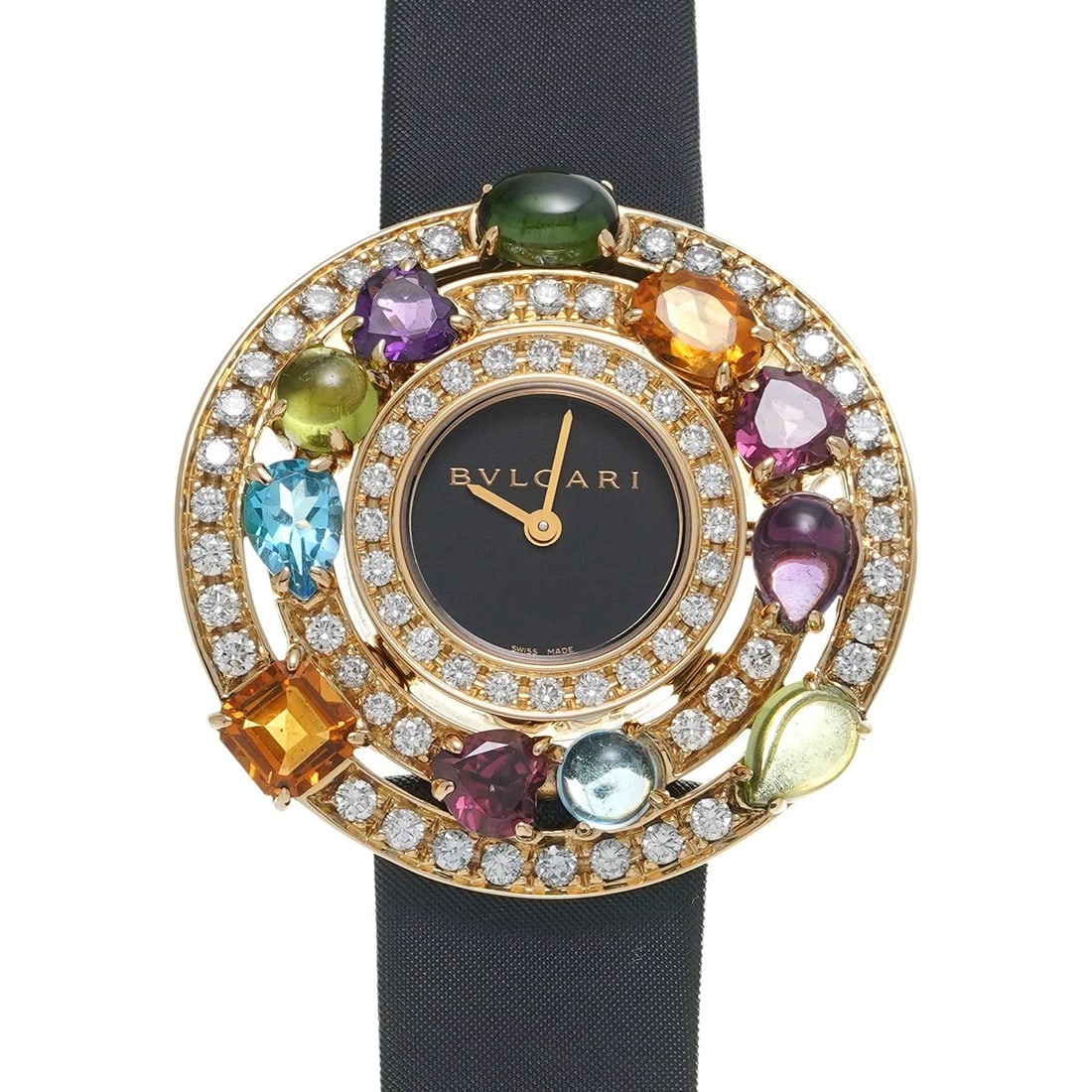 BVLGARI ASTRALE CERCHI BLACK WATCH: BVLGARI Astrale Cerchi black Watch Brand: BVLGARI Type/Style: Wristwatch Material: Band Material Satin, Case Material Yellow Gold Color: Dial Color black Size: ?Case? H/about 36mm W/about 36mm