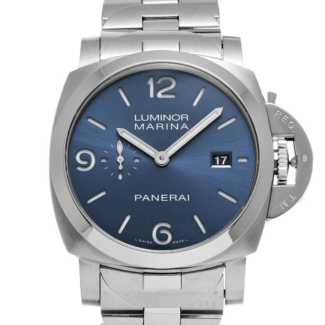 PANERAI LUMINOR MARINA BLUE WATCH: PANERAI Luminor Marina blue Watch Brand: PANERAI Type/Style: Wristwatch Material: Band Material Stainless steel, Case Material Stainless steel Color: Dial Color blue Size: ?Case? H/about 44mm W/about