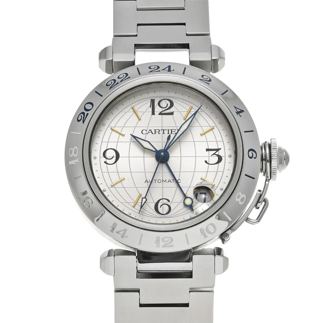 CARTIER PASHA C MERIDIAN GMT SILVER WATCH: CARTIER Pasha C Meridian GMT Silver Watch Brand: CARTIER Type/Style: Wristwatch Material: Band Material Stainless steel, Case Material Stainless steel Color: Dial Color Silver Size: ?Case? H/about