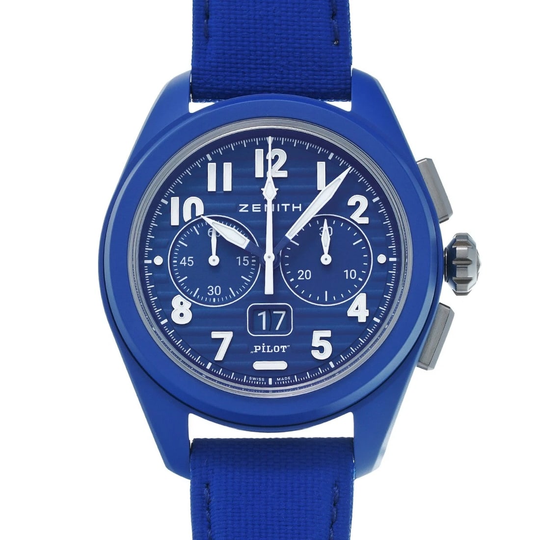 ZENITH BIG DATE FLYBACK BLUE WATCH: ZENITH Big Date Flyback blue Watch Brand: ZENITH Type/Style: Wristwatch Material: Band Material leather, Case Material ceramic Color: Dial Color blue Size: ?Case? H/about 42mm W/about 42mm D/about