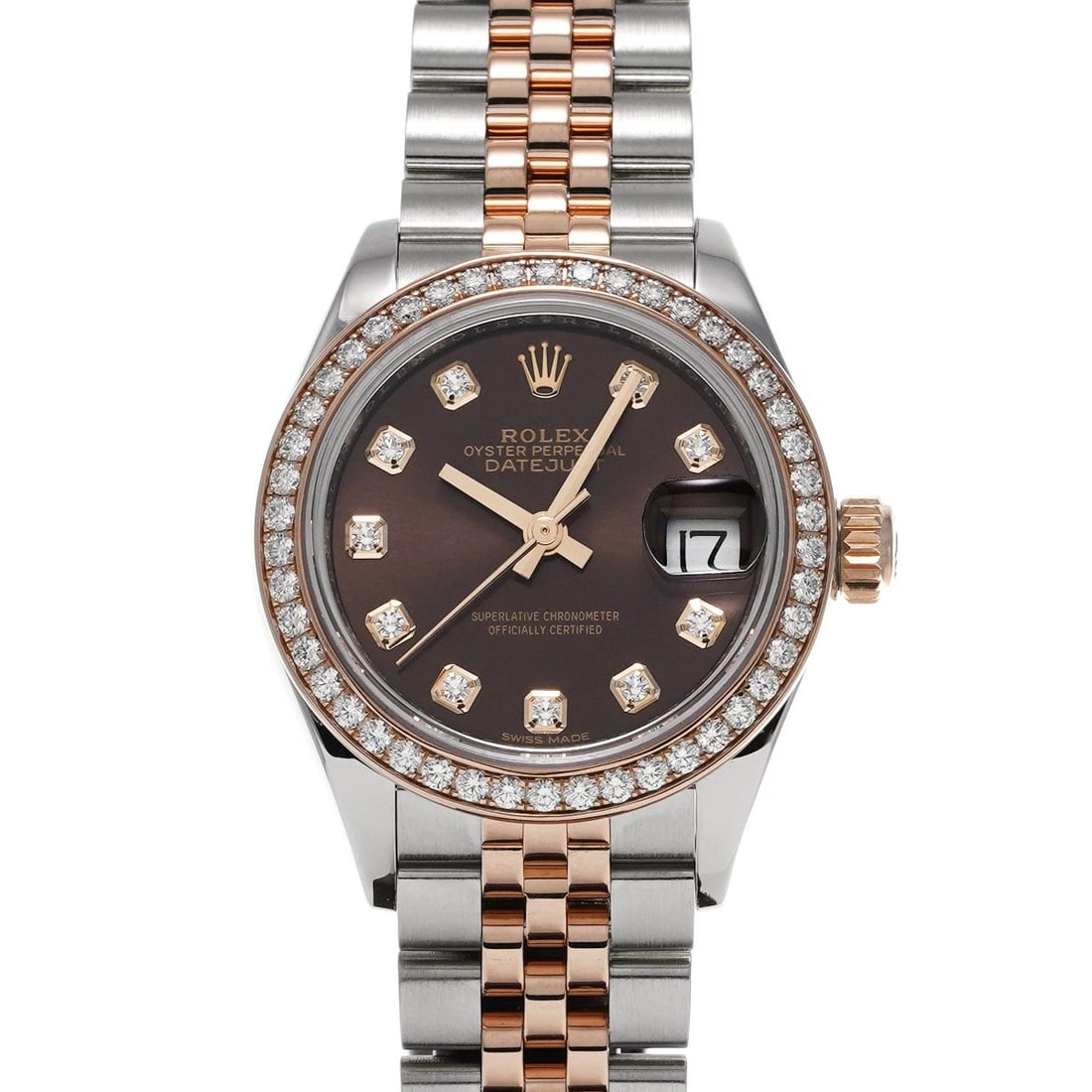 ROLEX -DATEJUST CHOCOLATE BROWN/DIAMOND WATCH: ROLEX -Datejust Chocolate brown/diamond Watch Brand: ROLEX Type/Style: Wristwatch Material: Band Material Stainless steel/Everrose gold, Case Material Stainless steel Color: Dial Color Chocolate