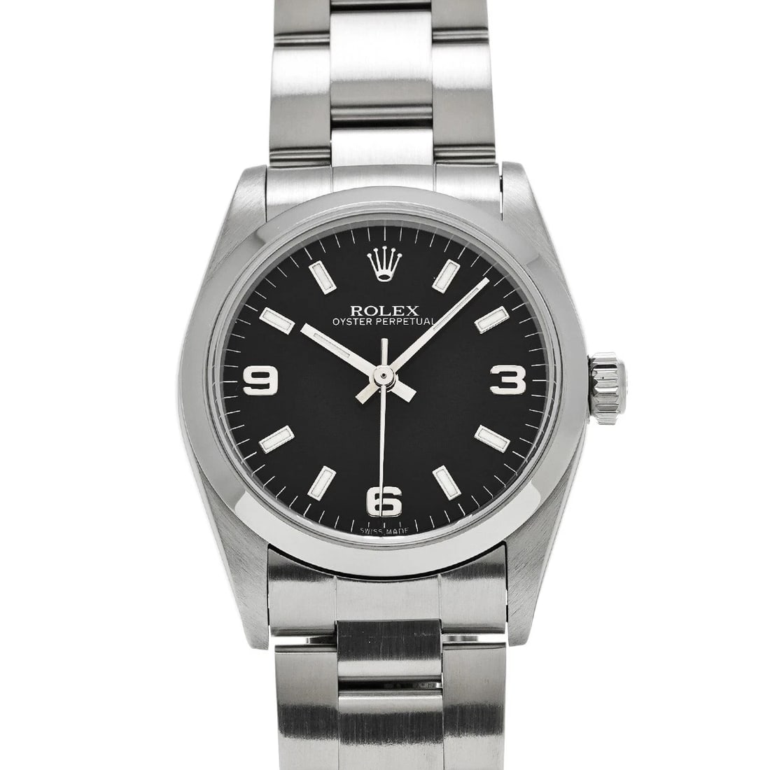 ROLEX OYSTER PERPETUAL BLACK WATCH: ROLEX Oyster Perpetual black Watch Brand: ROLEX Type/Style: Wristwatch Material: Band Material Stainless steel, Case Material Stainless steel Color: Dial Color black Size: ?Case? H/about 31mm W/about