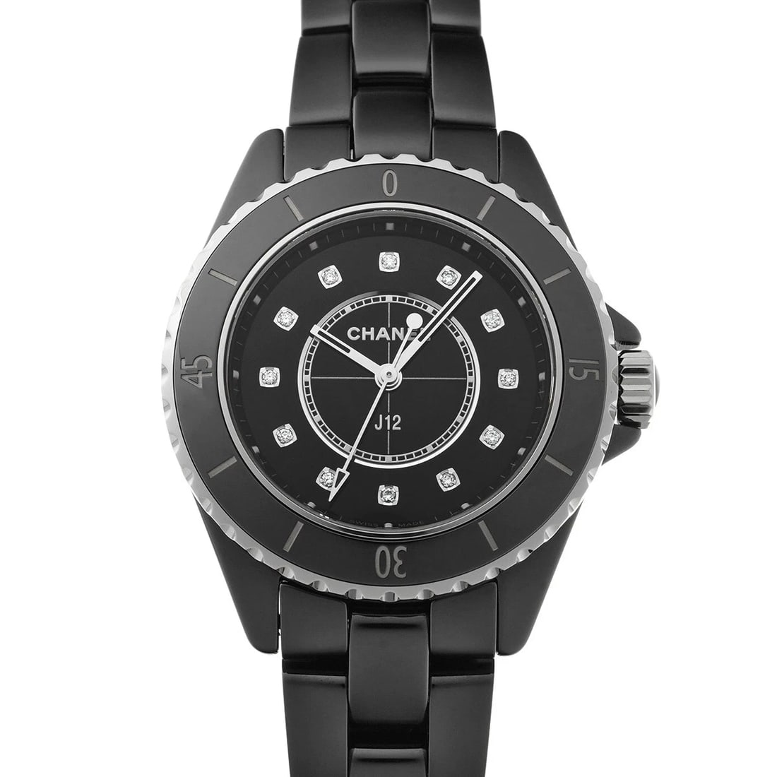 CHANEL J12 BLACK LACQUER/DIAMOND WATCH: CHANEL J12 Black lacquer/diamond Watch Brand: CHANEL Type/Style: Wristwatch Material: Band Material ceramic, Case Material ceramic Color: Dial Color Black lacquer Size: ?Case? H/about 33mm W/about