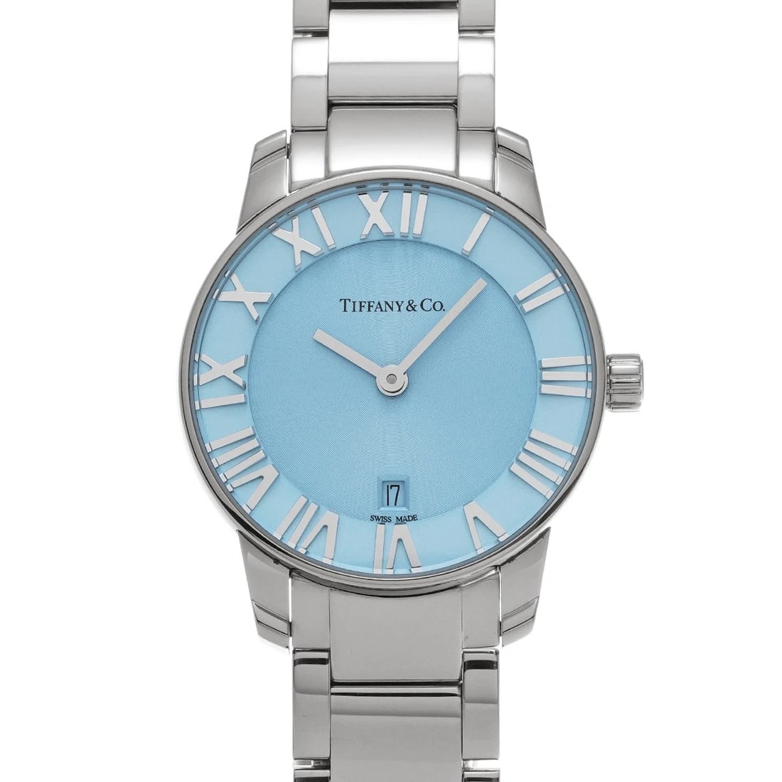 TIFFANY & CO. ATLAS HAND ICE BLUE WATCH: TIFFANY & Co. Atlas Hand Ice blue Watch Brand: TIFFANY & Co. Type/Style: Wristwatch Material: Band Material Stainless steel, Case Material Stainless steel Color: Dial Color Ice blue Size: ?Case?