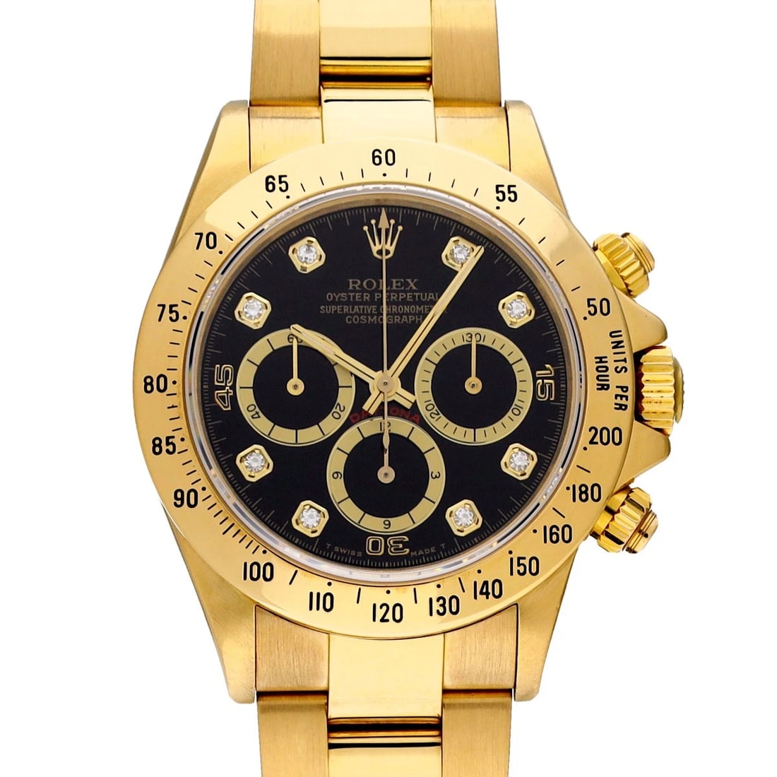 ROLEX COSMOGRAPH DAYTONA BLACK/DIAMOND WATCH: ROLEX Cosmograph Daytona black/diamond Watch Brand: ROLEX Type/Style: Wristwatch Material: Band Material Stainless steel, Case Material Yellow Gold Color: Dial Color black Size: ?Case? H/about 40mm
