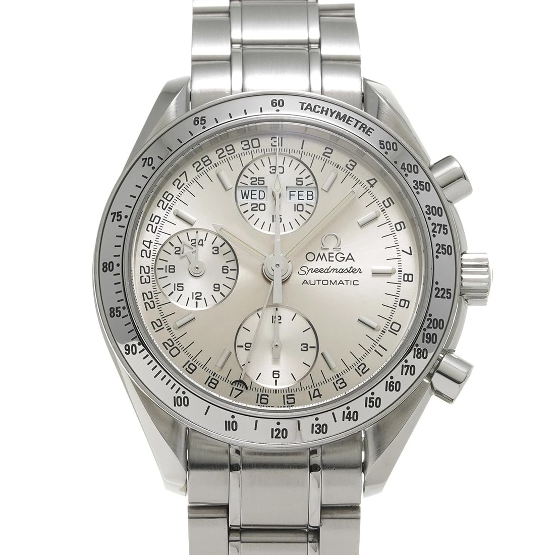 OMEGA SPEEDMASTER TRIPLE CALENDAR SILVER WATCH: OMEGA Speedmaster Triple Calendar Silver Watch Brand: OMEGA Type/Style: Wristwatch Material: Band Material Stainless steel, Case Material Stainless steel Color: Dial Color Silver Size: ?Case? H/about 