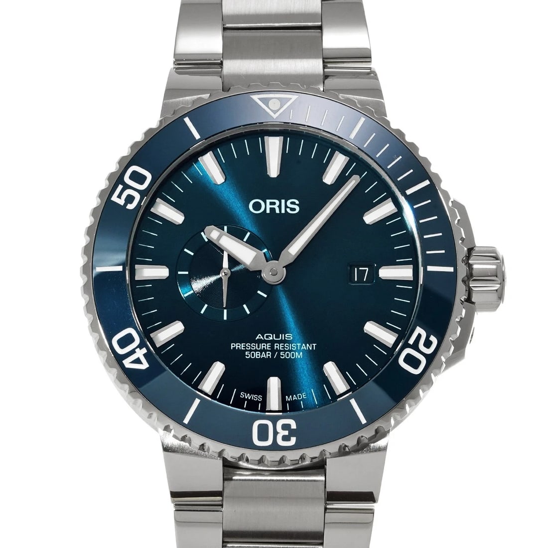 ORIS AQUIS SMALL SECOND DATE BLUE WATCH: ORIS Aquis Small Second Date blue Watch Brand: ORIS Type/Style: Wristwatch Material: Band Material Stainless steel, Case Material Stainless steel Color: Dial Color blue Size: ?Case? H/about 45.5mm