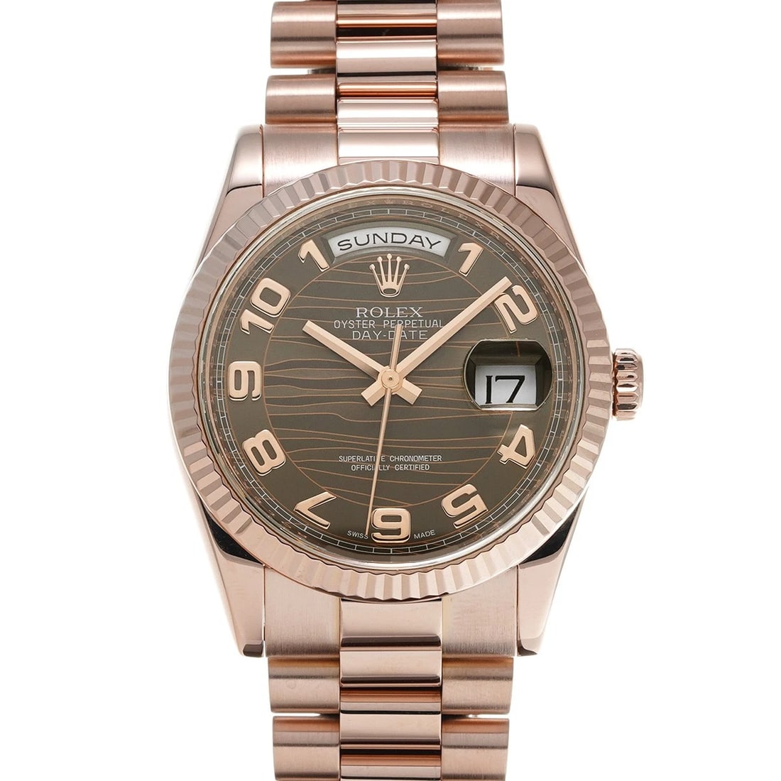 ROLEX DAY-DATE BROWN WAVE WATCH: ROLEX Day-Date Brown wave Watch Brand: ROLEX Type/Style: Wristwatch Material: Band Material Everrose gold, Case Material Everrose gold Color: Dial Color Brown wave Size: ?Case? H/about 36mm W/about