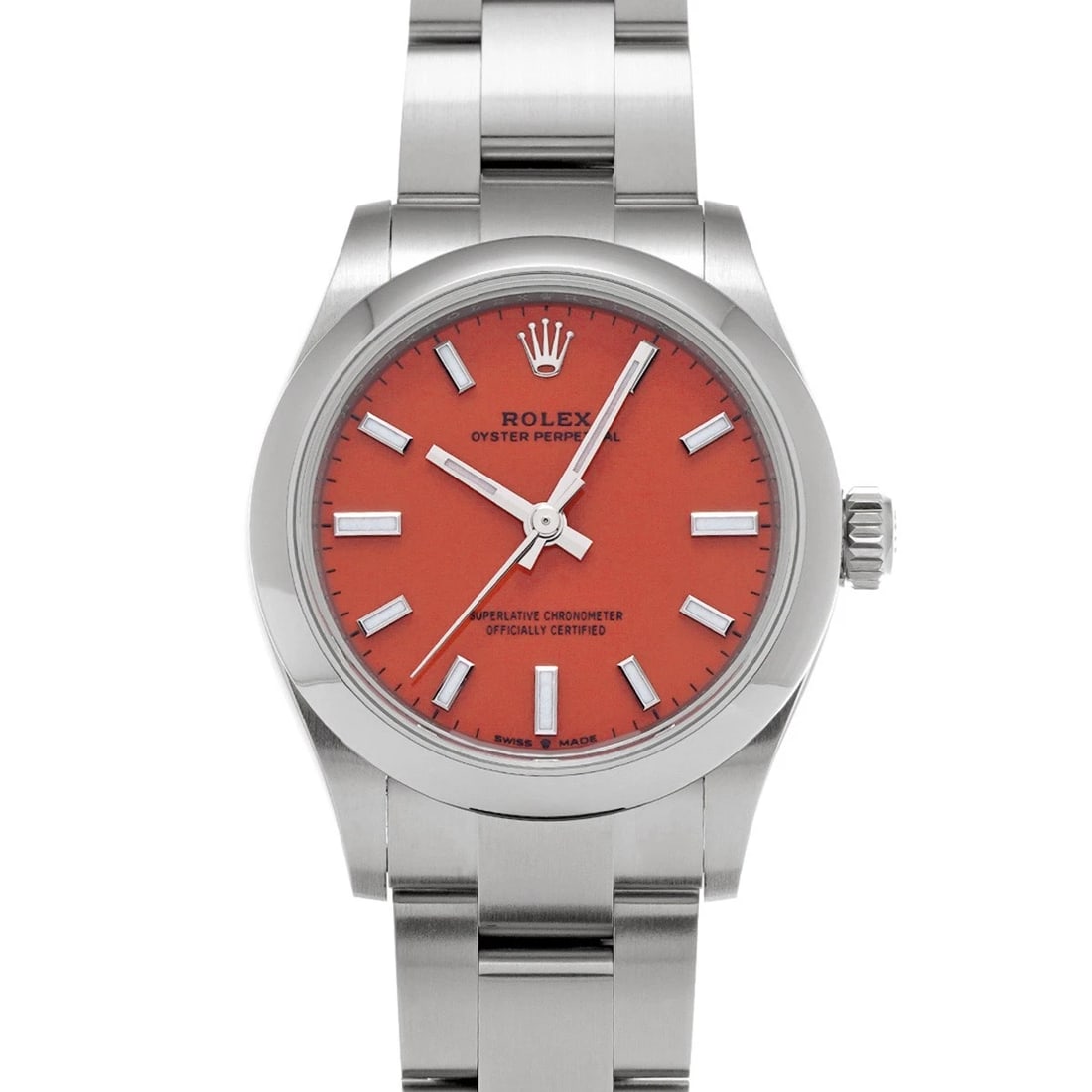 ROLEX OYSTER PERPETUAL CORAL RED WATCH: ROLEX Oyster Perpetual Coral red Watch Brand: ROLEX Type/Style: Wristwatch Material: Band Material Stainless steel, Case Material Stainless steel Color: Dial Color Coral red Size: ?Case? H/about 31mm