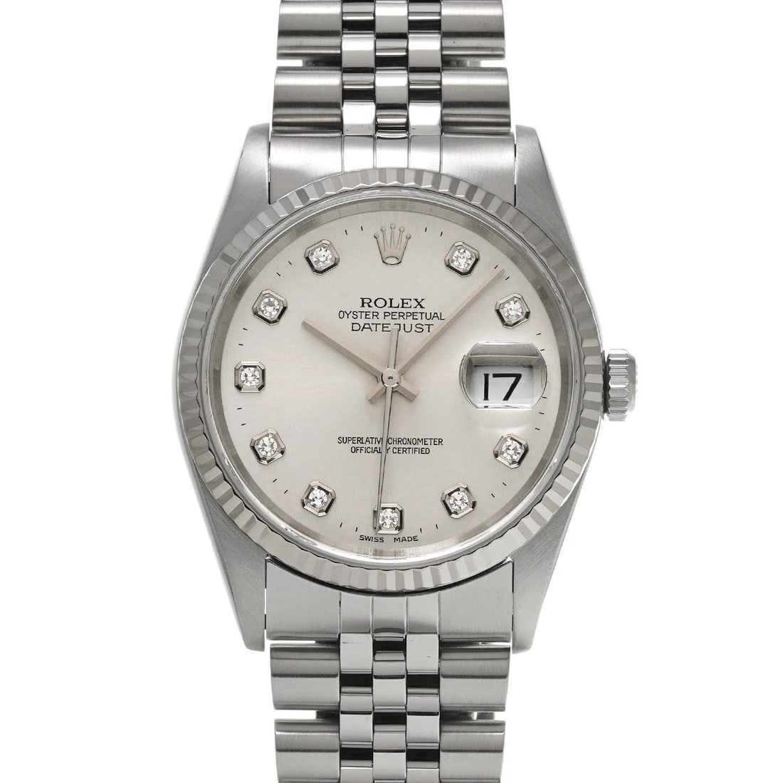 ROLEX DATEJUST SILVER/DIAMOND WATCH: ROLEX Datejust Silver/diamond Watch Brand: ROLEX Type/Style: Wristwatch Material: Band Material Stainless steel, Case Material Stainless steel Color: Dial Color Silver Size: ?Case? H/about 36mm W/abou