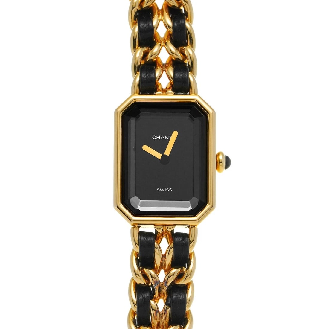 CHANEL PREMIRE S BLACK WATCH: CHANEL Premire S black Watch Brand: CHANEL Type/Style: Wristwatch Material: Band Material Yellow gold plated/leather, Case Material Yellow gold plated Color: Dial Color black Size: ?Case? H/about 26mm
