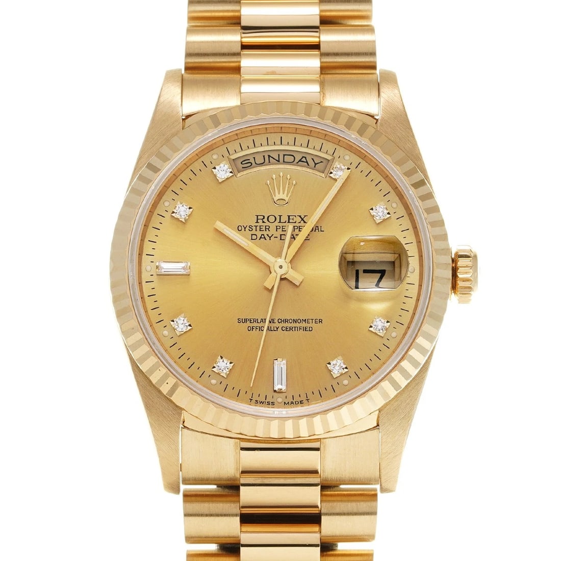 ROLEX DAY-DATE CHAMPAGNE/DIAMOND WATCH: ROLEX Day-Date Champagne/diamond Watch Brand: ROLEX Type/Style: Wristwatch Material: Band Material Yellow Gold, Case Material Yellow Gold Color: Dial Color Champagne Size: ?Case? H/about 36mm W/about 