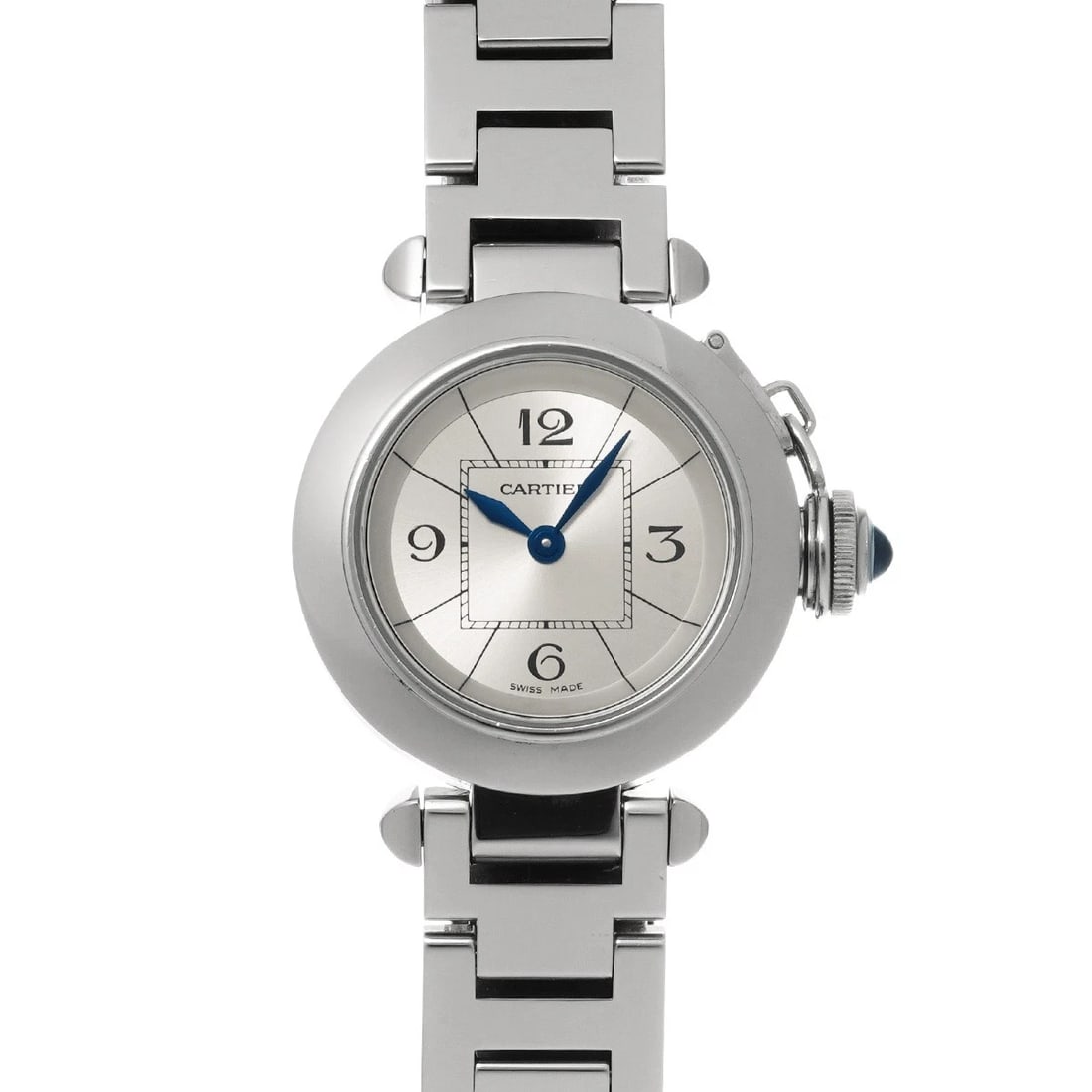 CARTIER MISS PASHA SILVER WATCH: CARTIER Miss Pasha Silver Watch Brand: CARTIER Type/Style: Wristwatch Material: Band Material Stainless steel, Case Material Stainless steel Color: Dial Color Silver Size: ?Case? H/about 27mm W/about 