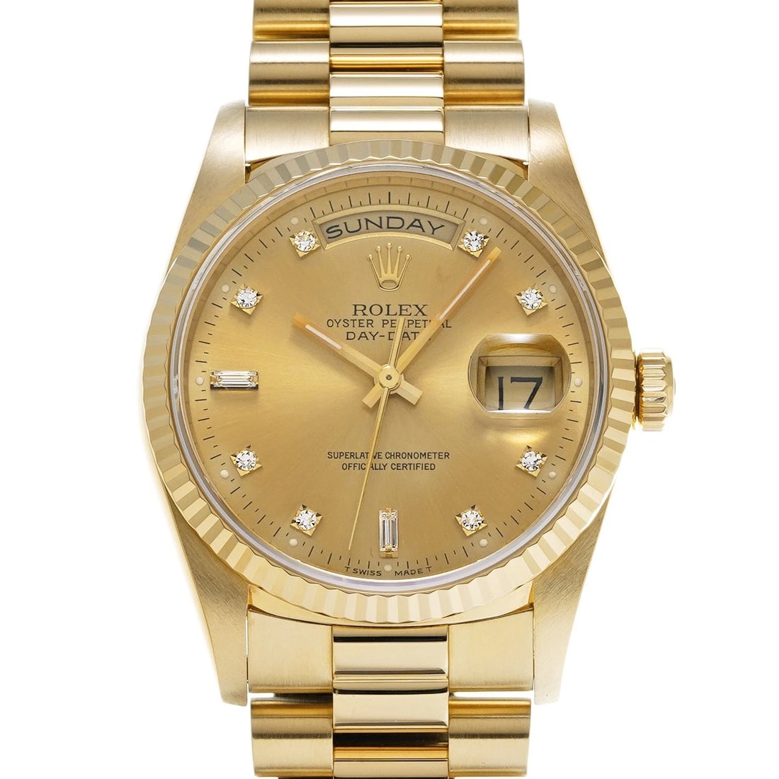 ROLEX DAY-DATE CHAMPAGNE/DIAMOND WATCH: ROLEX Day-Date Champagne/diamond Watch Brand: ROLEX Type/Style: Wristwatch Material: Band Material Yellow Gold, Case Material Yellow Gold Color: Dial Color Champagne Size: ?Case? H/about 36mm W/about 