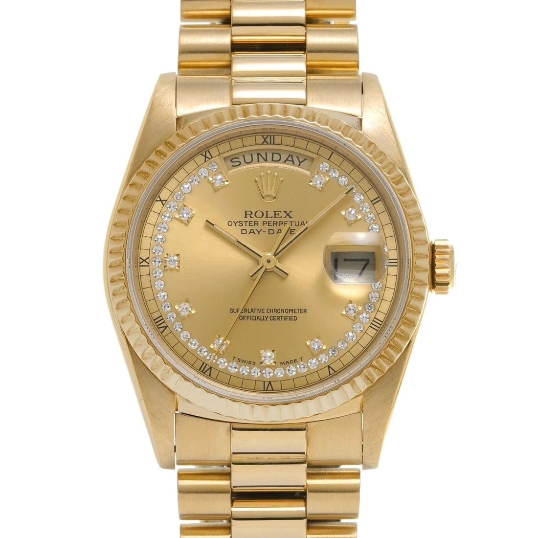 ROLEX DAY-DATE CHAMPAGNE/DIAMOND WATCH: ROLEX Day-Date Champagne/diamond Watch Brand: ROLEX Type/Style: Wristwatch Material: Band Material Yellow Gold, Case Material Yellow Gold Color: Dial Color Champagne Size: ?Case? H/about 36mm W/about