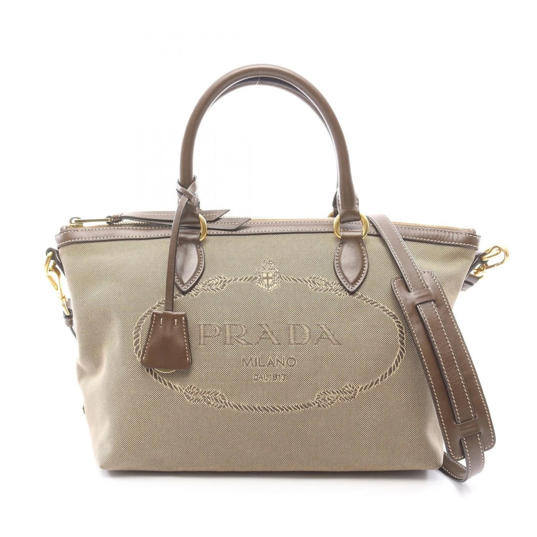 PRADA JACQUARD 2-WAY SHOULDER HANDBAG CANVAS LEATHER