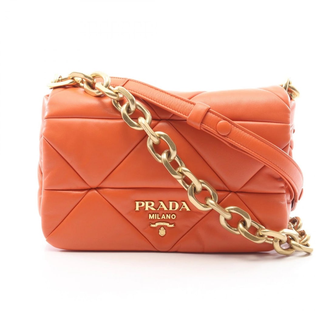 PRADA 2WAY CHAIN SHOULDER HANDBAG LEATHER ORANGE: PRADA 2WAY Chain Shoulder Handbag leather Orange Brand: PRADA Type/Style: Shoulder Bag Material: Exterior Material leather Color: Exterior Color Orange?ish colors Size: (H:6.3" x W:9.4" x D:2.4")