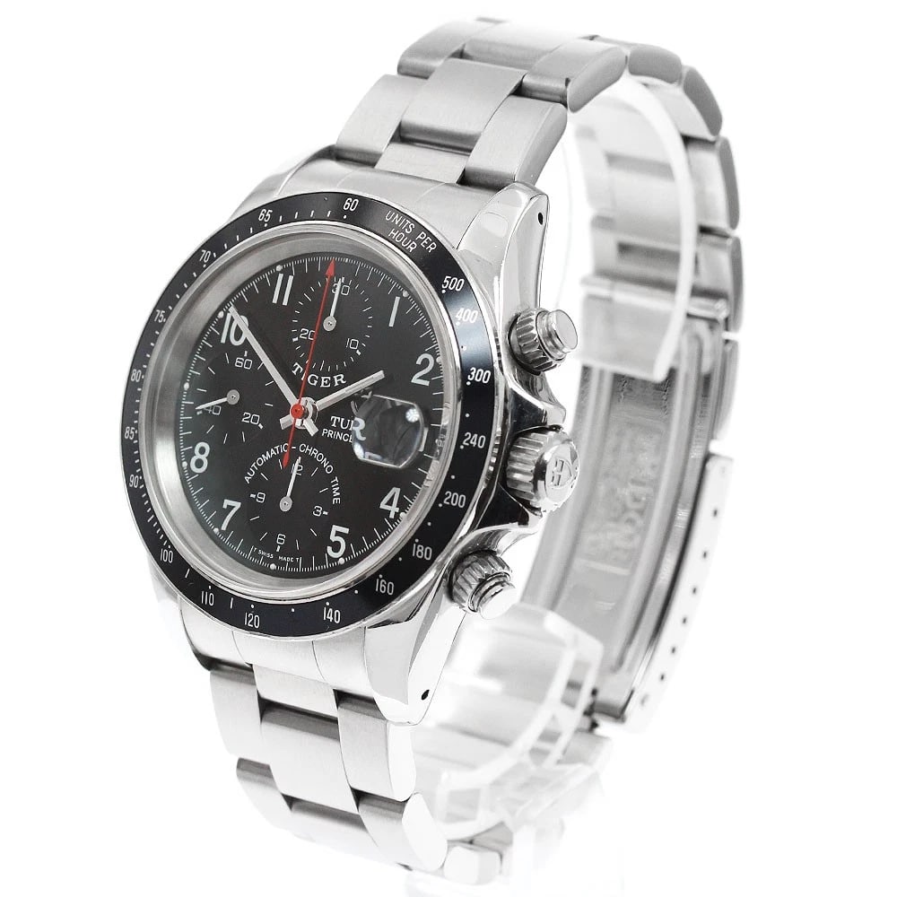 TUDOR PRINCE DATE CHRONO BLACK AUTOMATIC WATCH: TUDOR Prince Date Chrono black Automatic Watch Brand: TUDOR Type/Style: Wristwatch Material: Band Material Stainless Steel, Case Material Stainless Steel Color: Case Color Silver Band Color Silver