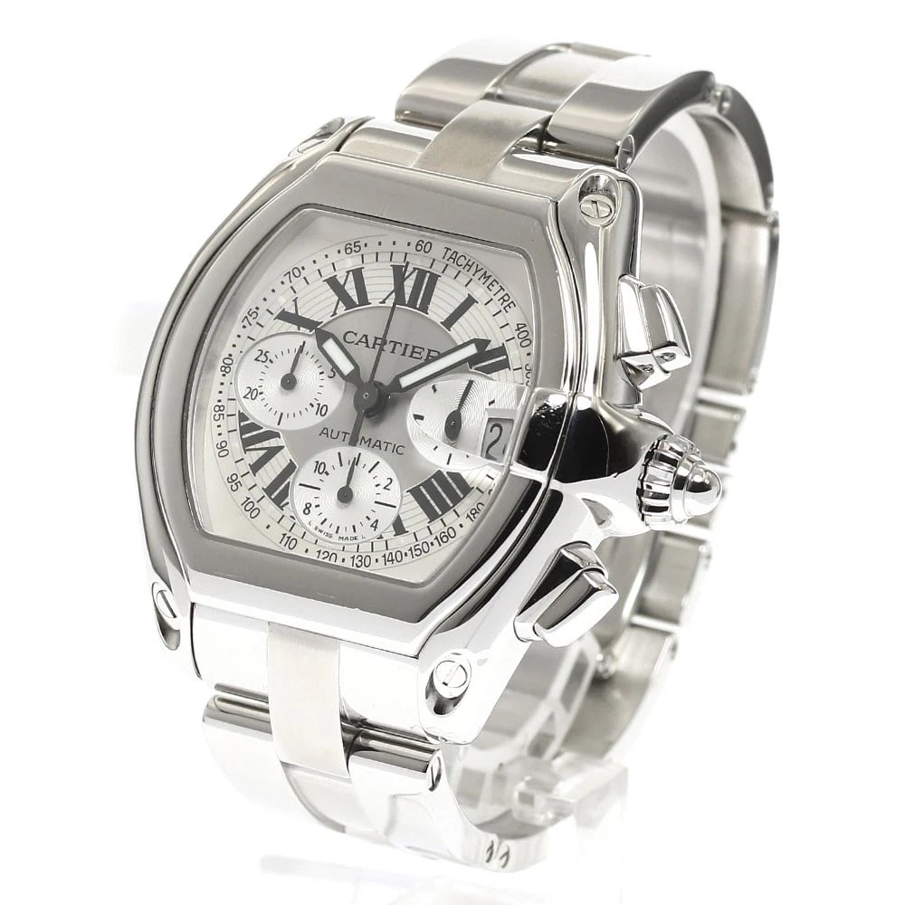 CARTIER ROADSTER DATE CHRONOGRAPH AUTOMATIC WATCH: CARTIER Roadster Date Chronograph Automatic Watch Brand: CARTIER Type/Style: Wristwatch Material: Band Material Stainless Steel, Case Material Stainless Steel Color: Dial Color Silver Band Color