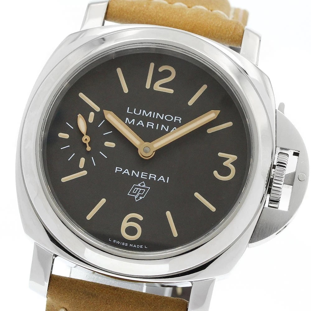 PANERAI LUMINOR MARINA HAND WINDING WATCH: PANERAI Luminor Marina Hand Winding Watch Brand: PANERAI Type/Style: Wristwatch Material: Band Material leather, Case Material Stainless Steel Color: Dial Color Dark brown Band Color Camel Case Color