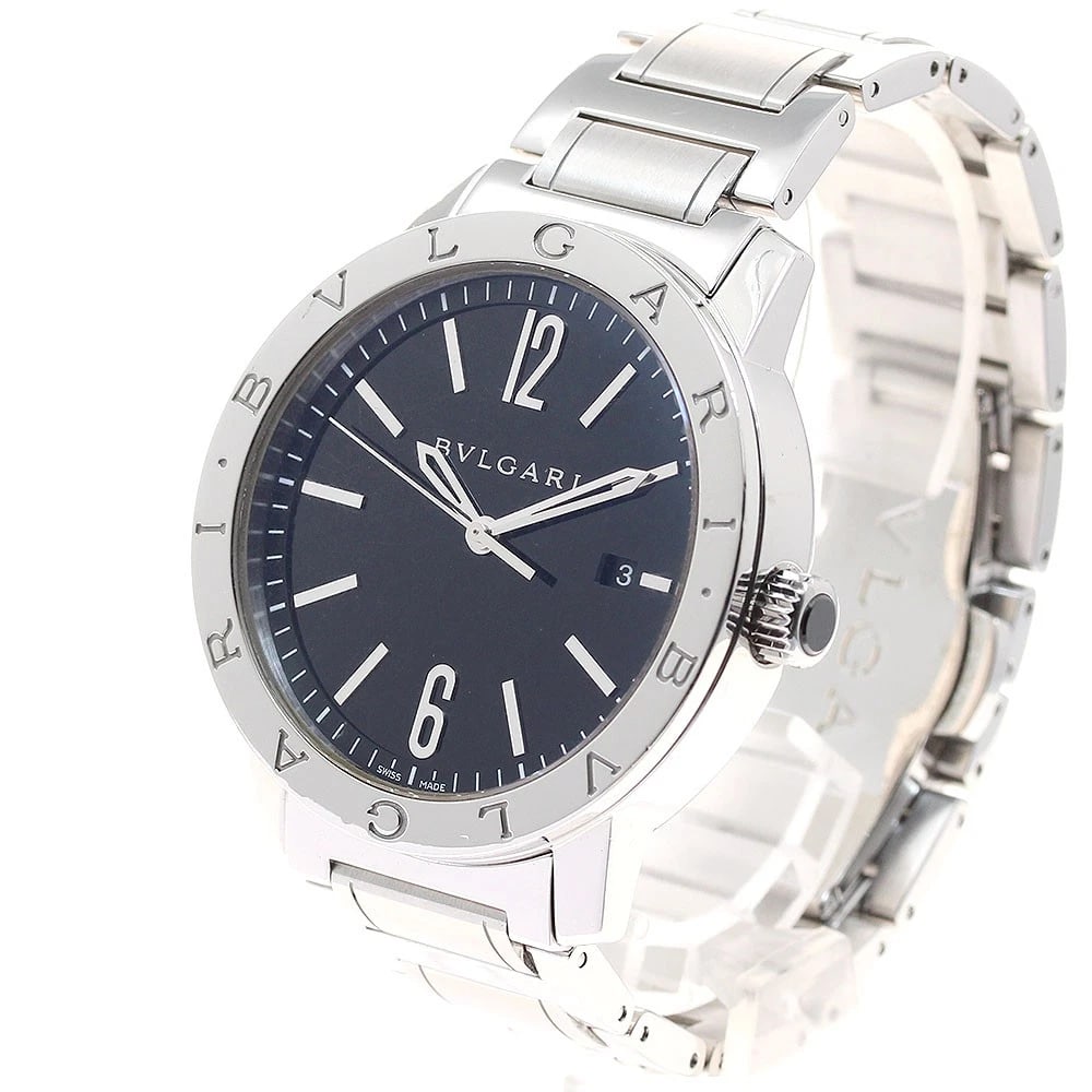 BVLGARI DATE BLACK AUTOMATIC WATCH: BVLGARI Date black Automatic Watch Brand: BVLGARI Type/Style: Wristwatch Material: Band Material Stainless Steel, Case Material Stainless Steel Color: Dial Color black Band Color Silver Case Color
