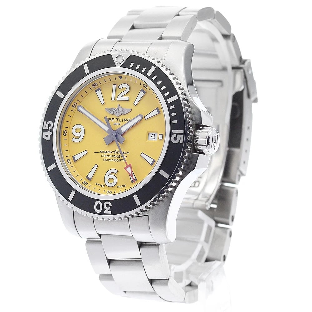 BREITLING SUPER OCEAN DATE YELLOW AUTOMATIC WATCH: BREITLING Super Ocean Date yellow Automatic Watch Brand: BREITLING Type/Style: Wristwatch Material: Band Material Stainless Steel, Case Material Stainless Steel Color: Case Color Silver Band Color