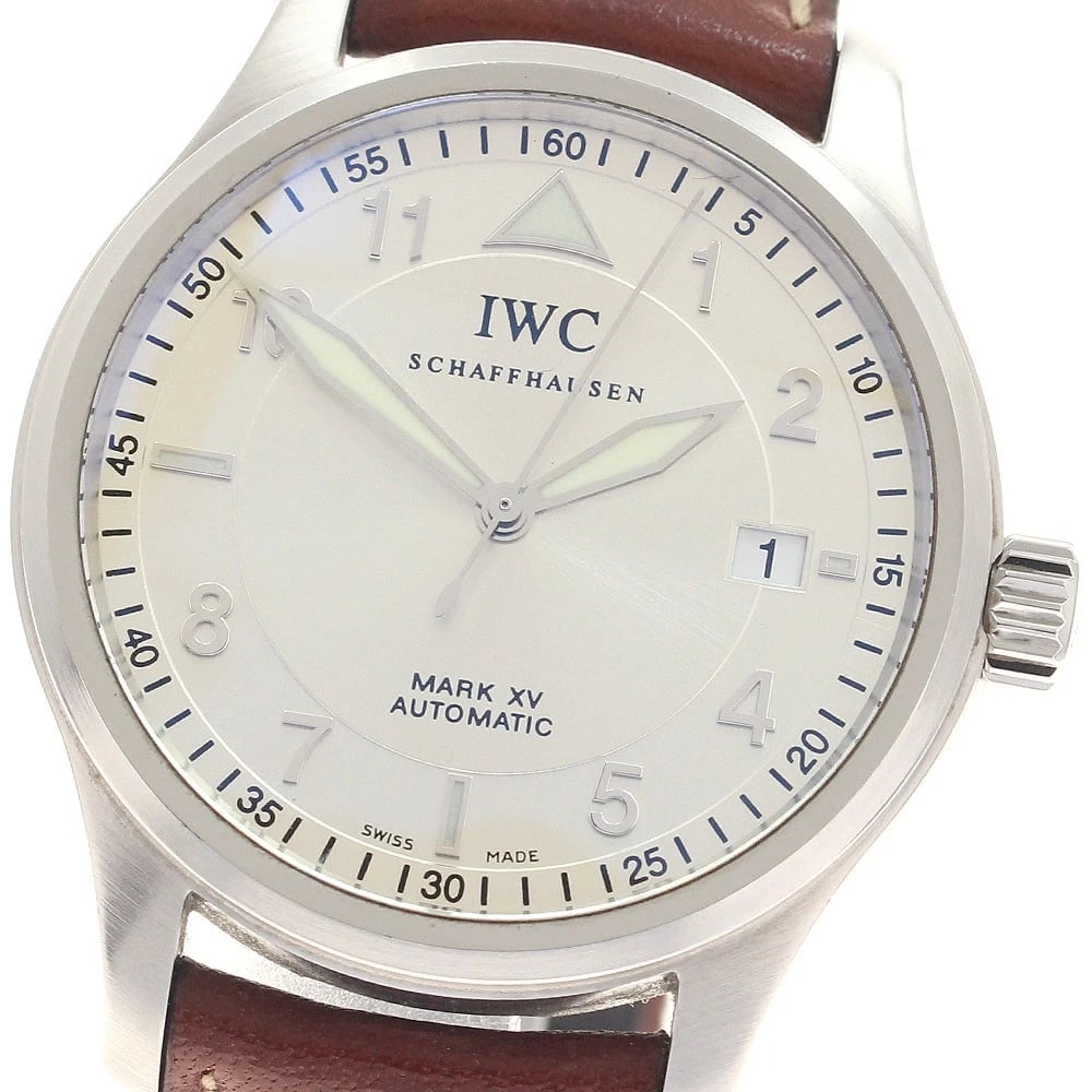 IWC SCHAFFHAUSEN DATE AUTOMATIC WATCH: IWC SCHAFFHAUSEN Date Automatic Watch Brand: IWC SCHAFFHAUSEN Type/Style: Wristwatch Material: Band Material leather, Case Material Stainless Steel Color: Case Color Silver Band Color Brown Dial