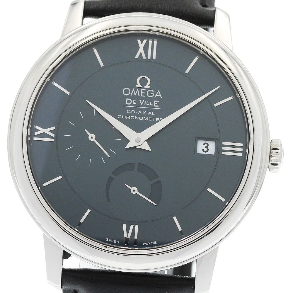 OMEGA DE VILLE PRESTIGE DATE AUTOMATIC WATCH: OMEGA De Ville Prestige date Automatic Watch Brand: OMEGA Type/Style: Wristwatch Material: Band Material leather, Case Material Stainless Steel Color: Case Color Silver Band Color black Dial Color
