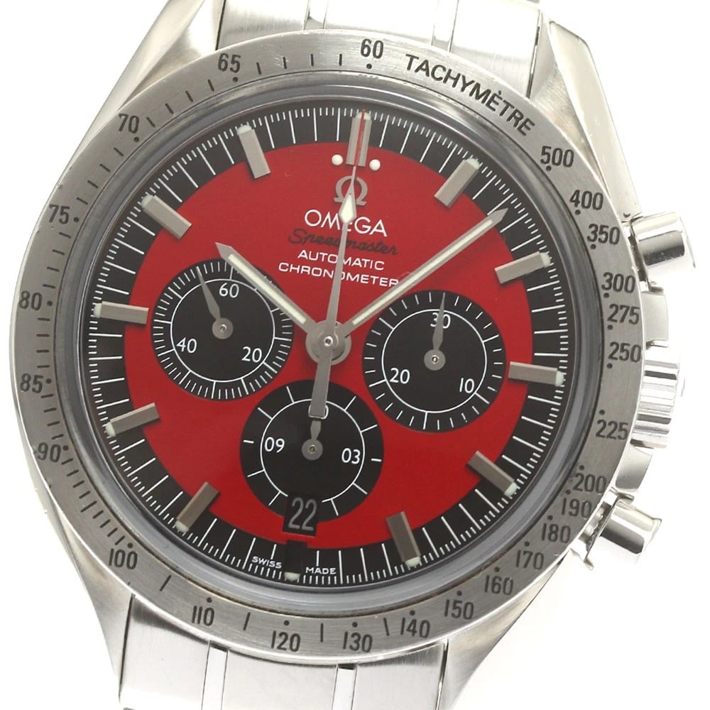 OMEGA SPEEDMASTER SCHUMACHER LEGEND CHRONOGRAPH WATCH: OMEGA Speedmaster Schumacher Legend Chronograph Watch Brand: OMEGA Type/Style: Wristwatch Material: Band Material Stainless Steel, Case Material Stainless Steel Color: Dial Color Red / black Band