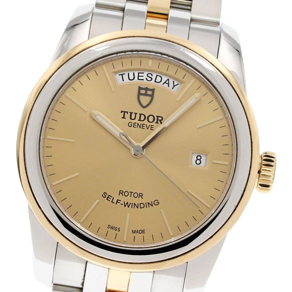 TUDOR GLAMOR DATE YG BEZEL AUTOMATIC WATCH: TUDOR Glamor Date YG bezel Automatic Watch Brand: TUDOR Type/Style: Wristwatch Material: Band Material Stainless Steel/YG, Case Material Stainless Steel/YG Color: Dial Color gold Case Color Silver /