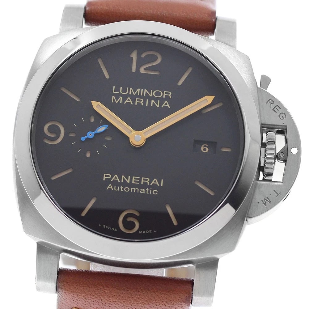 PANERAI LUMINOR MARINA AUTOMATIC WATCH: PANERAI Luminor Marina Automatic Watch Brand: PANERAI Type/Style: Wristwatch Material: Band Material leather, Case Material titanium Color: Case Color Silver Band Color Brown Dial Color Dark brown