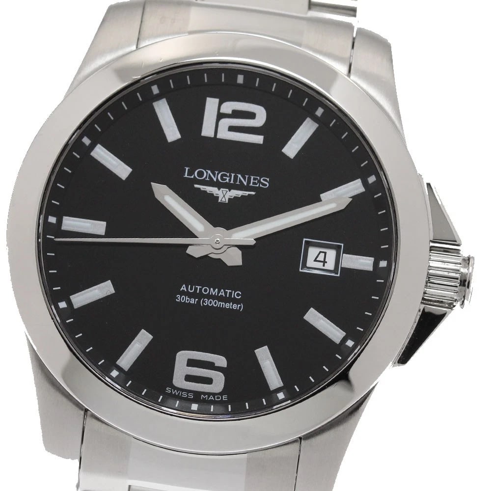 LONGINES CONQUEST DATE BLACK AUTOMATIC WATCH: LONGINES Conquest Date black Automatic Watch Brand: LONGINES Type/Style: Wristwatch Material: Band Material Stainless Steel, Case Material Stainless Steel Color: Dial Color black Band Color Silver