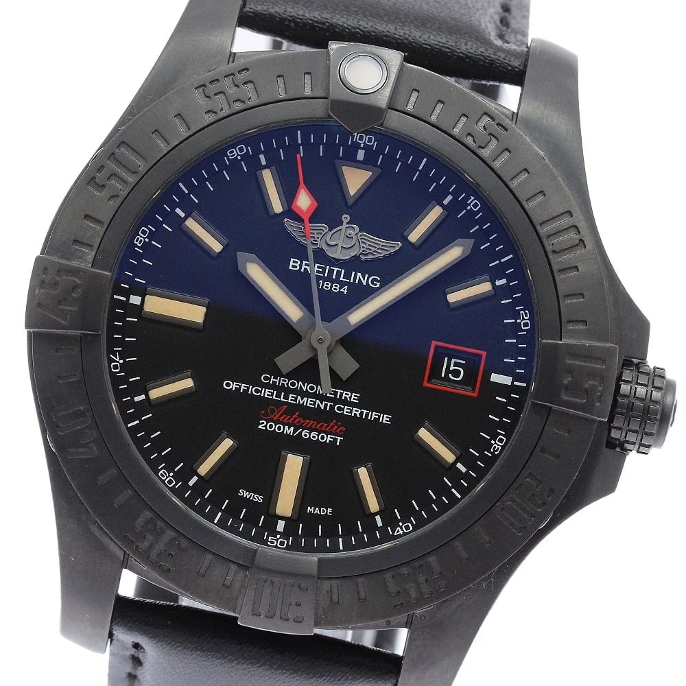 BREITLING AVENGER BLACK DATE AUTOMATIC WATCH: BREITLING avenger black Date Automatic Watch Brand: BREITLING Type/Style: Wristwatch Material: Band Material leather, Case Material titanium Color: Case Color black Band Color black Dial Color black S