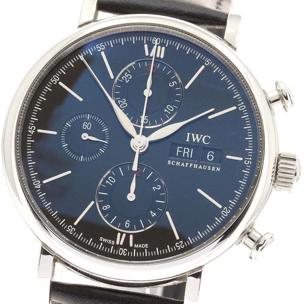 IWC SCHAFFHAUSEN PORTOFINO CHRONOGRAPH AUTOMATIC WATCH: IWC SCHAFFHAUSEN Portofino Chronograph Automatic Watch Brand: IWC SCHAFFHAUSEN Type/Style: Wristwatch Material: Band Material leather, Case Material Stainless Steel Color: Dial Color black Band Color