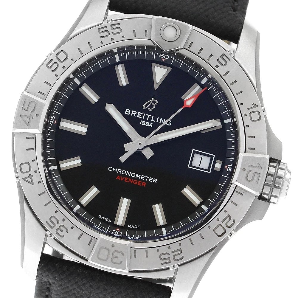 BREITLING AVENGER AUTOMATIC DATE BLACK WATCH: BREITLING Avenger Automatic Date black Watch Brand: BREITLING Type/Style: Wristwatch Material: Band Material Nylon / leather, Case Material Stainless Steel Color: Dial Color black Band Color black