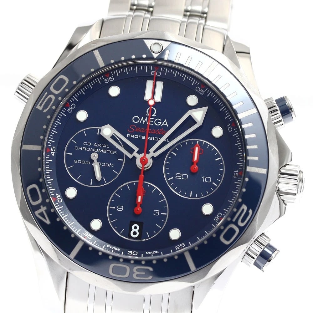 OMEGA SEAMASTER DATE CO-AXIAL CHRONOGRAPH WATCH: OMEGA Seamaster Date Co-Axial Chronograph Watch Brand: OMEGA Type/Style: Wristwatch Material: Band Material Stainless Steel, Case Material Stainless Steel Color: Dial Color Navy Band Color Silver