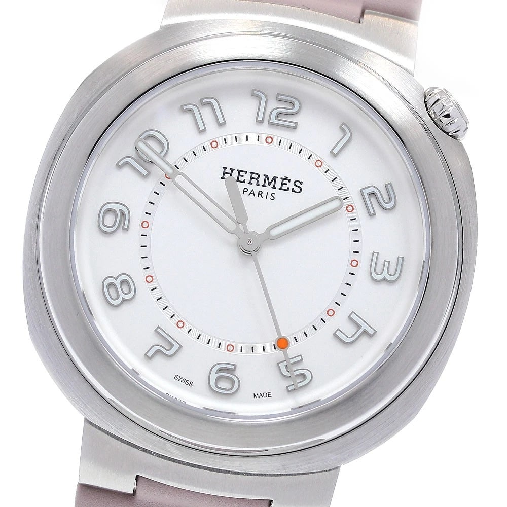 HERMES SILVER AUTOMATIC WATCH: HERMES Silver Automatic Watch Brand: HERMES Type/Style: Wristwatch Material: Band Material rubber, Case Material Stainless Steel Color: Dial Color Silver Band Color pink Case Color Silver Size: Case