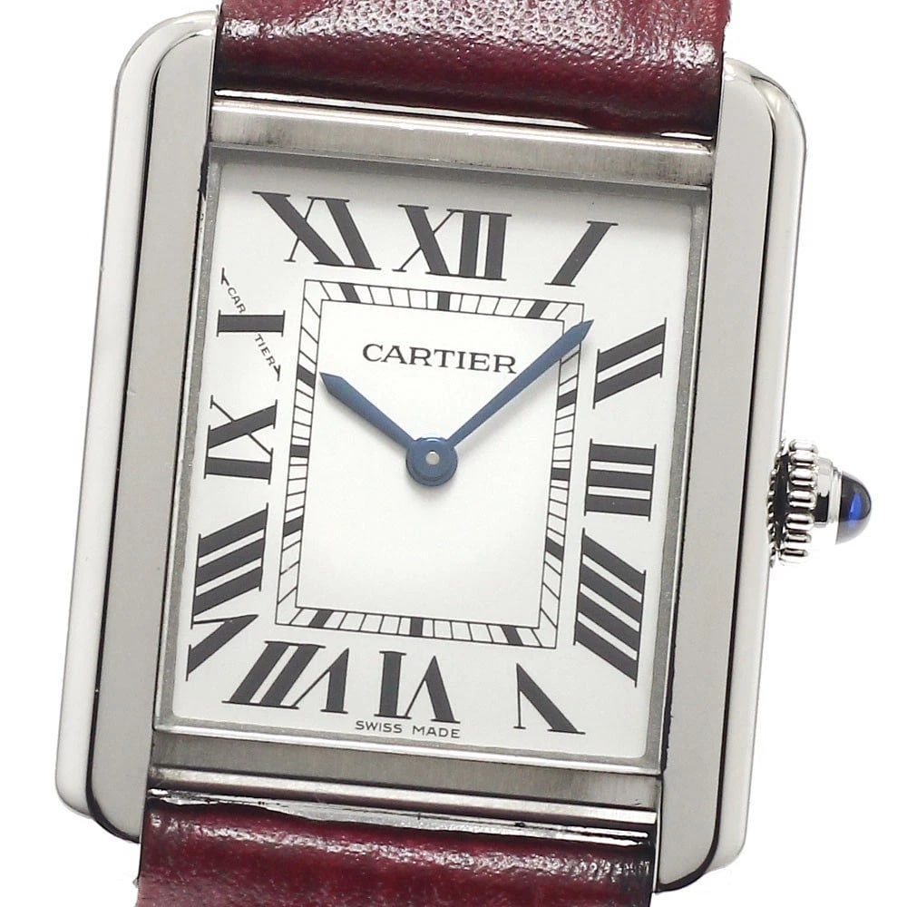 CARTIER TANK SOLO SILVER QUARTZ WATCH: CARTIER Tank solo Silver Quartz Watch Brand: CARTIER Type/Style: Wristwatch Material: Band Material leather, Case Material Stainless Steel Color: Dial Color Silver Band Color Red Case Color Silver