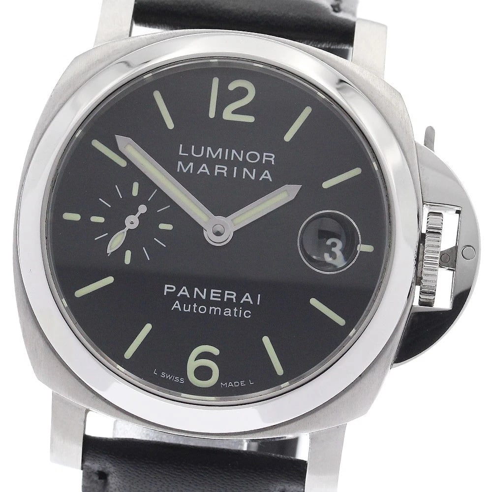 PANERAI LUMINOR MARINA DATE AUTOMATIC WATCH: PANERAI Luminor Marina Date Automatic Watch Brand: PANERAI Type/Style: Wristwatch Material: Band Material leather, Case Material Stainless Steel Color: Case Color Silver Band Color black Dial Color