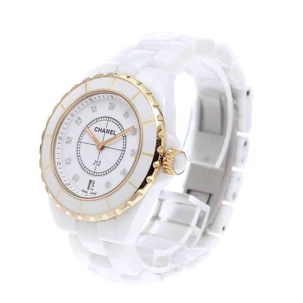 CHANEL J12 WHITE CERAMIC DIAMOND PG BEZEL QUARTZ WATCH: CHANEL J12 White ceramic diamond PG bezel Quartz Watch Brand: CHANEL Type/Style: Wristwatch Material: Band Material ceramic, Case Material Ceramic/Stainless Steel/PG Color: Case Color