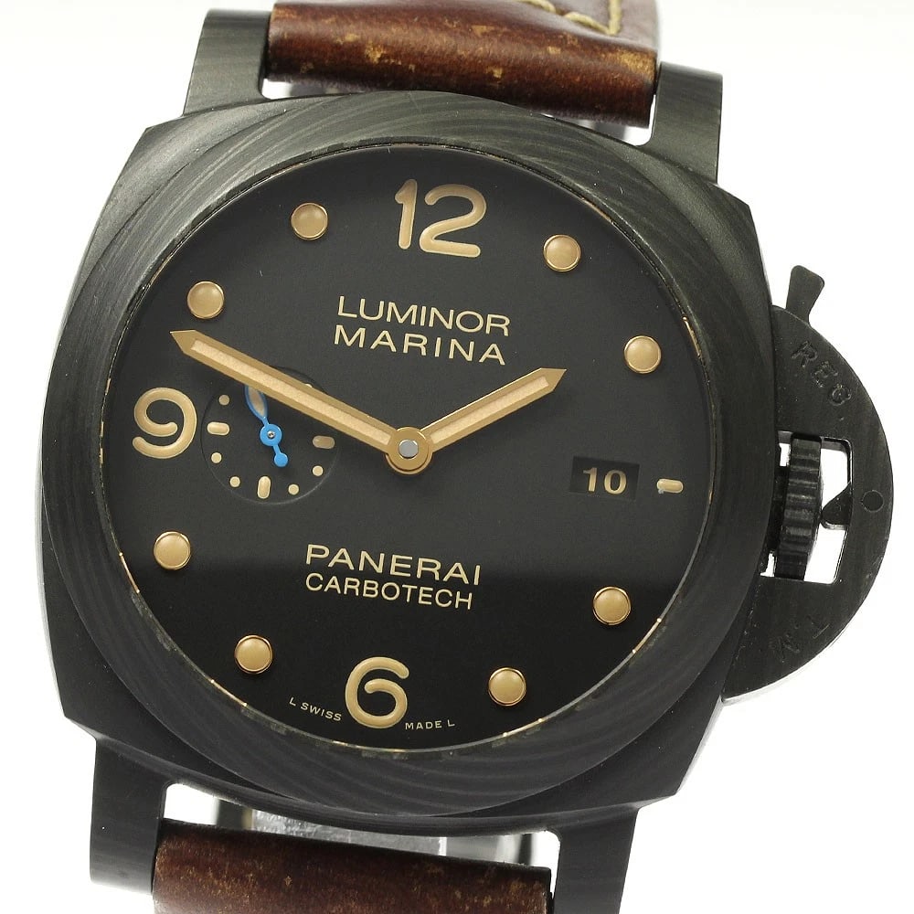 PANERAI LUMINOR MARINA DATE AUTOMATIC WATCH: PANERAI Luminor Marina Date Automatic Watch Brand: PANERAI Type/Style: Wristwatch Material: Band Material leather, Case Material Carbotech Color: Dial Color black Band Color Brown Case Color black