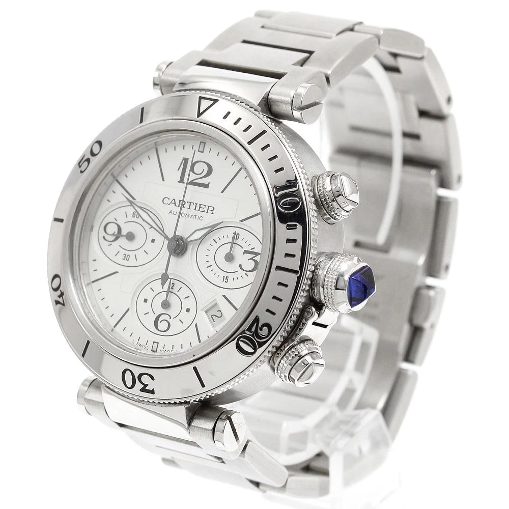 CARTIER PACHA SEA TIMER DATE CHRONOGRAPH AUTOMATIC WATCH: CARTIER Pacha Sea timer Date Chronograph Automatic Watch Brand: CARTIER Type/Style: Wristwatch Material: Band Material Stainless Steel, Case Material Stainless Steel Color: Dial Color Silver Band