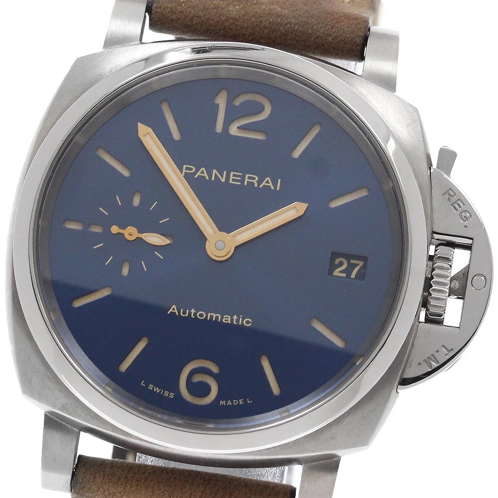 PANERAI LUMINOR DATE NAVY AUTOMATIC WATCH: PANERAI Luminor Date Navy Automatic Watch Brand: PANERAI Type/Style: Wristwatch Material: Band Material leather, Case Material titanium Color: Case Color Silver Band Color Brown Dial Color Navy Size: