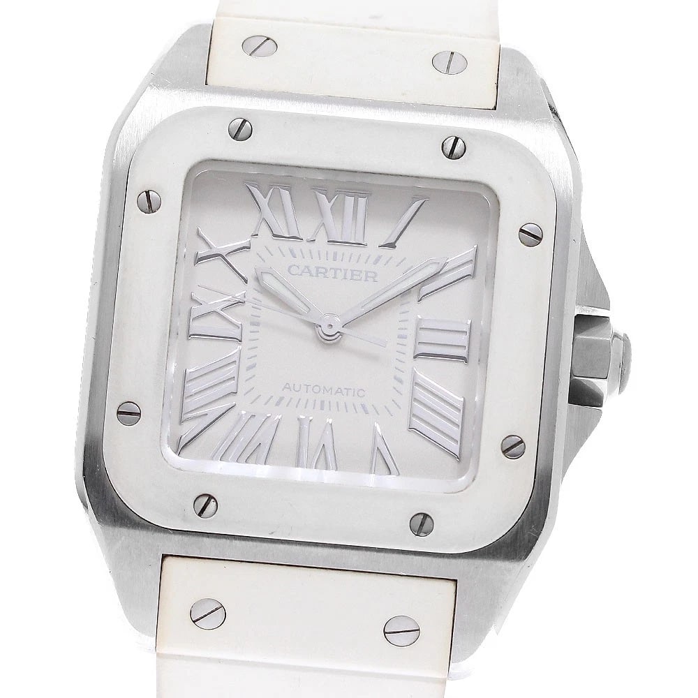 CARTIER SANTOS WHITE AUTOMATIC WATCH: CARTIER Santos white Automatic Watch Brand: CARTIER Type/Style: Wristwatch Material: Band Material rubber, Case Material Stainless Steel / Rubber Color: Case Color Silver / White Band Color white