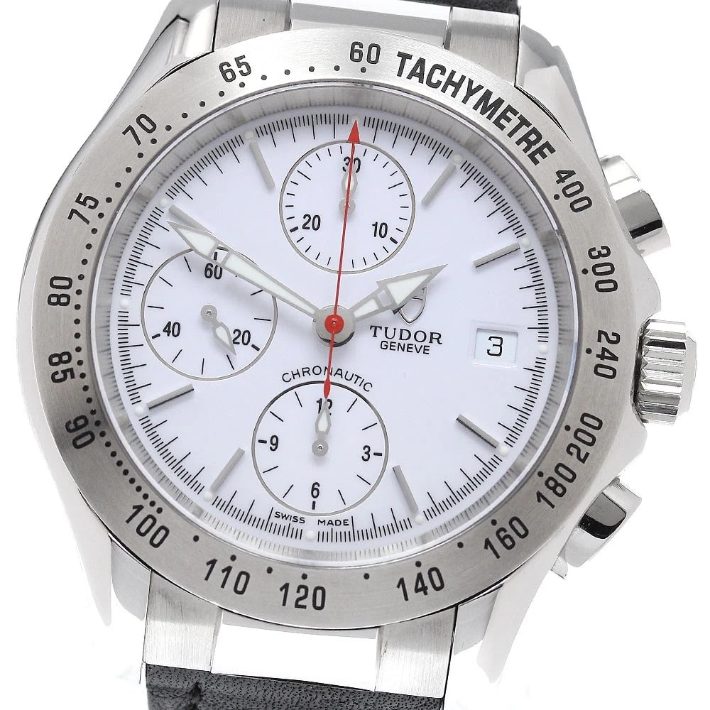 TUDOR CHRONO DATE WHITE AUTOMATIC WATCH: TUDOR Chrono Date white Automatic Watch Brand: TUDOR Type/Style: Wristwatch Material: Band Material leather, Case Material Stainless Steel Color: Case Color Silver Band Color black Dial Color white
