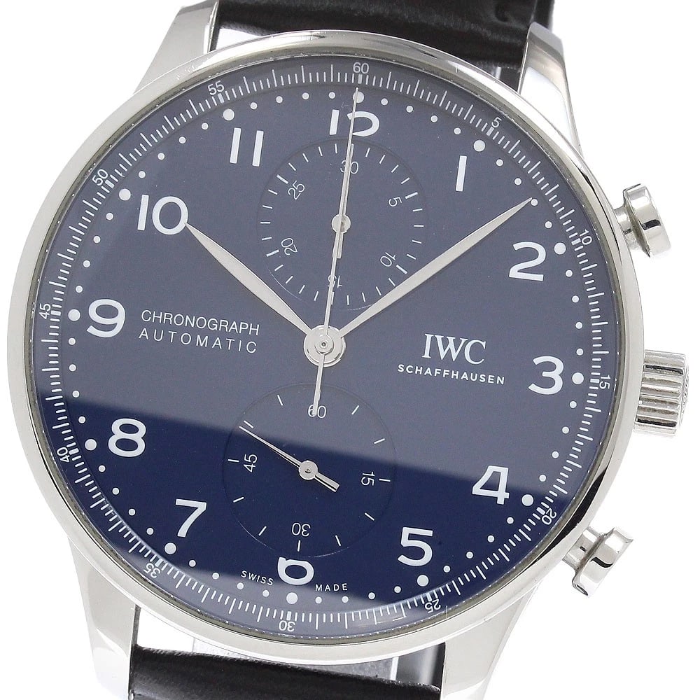 IWC SCHAFFHAUSEN PORTUGESE CHRONOGRAPH AUTOMATIC WATCH: IWC SCHAFFHAUSEN Portugese Chronograph Automatic Watch Brand: IWC SCHAFFHAUSEN Type/Style: Wristwatch Material: Band Material leather, Case Material Stainless Steel Color: Dial Color Navy Band Color