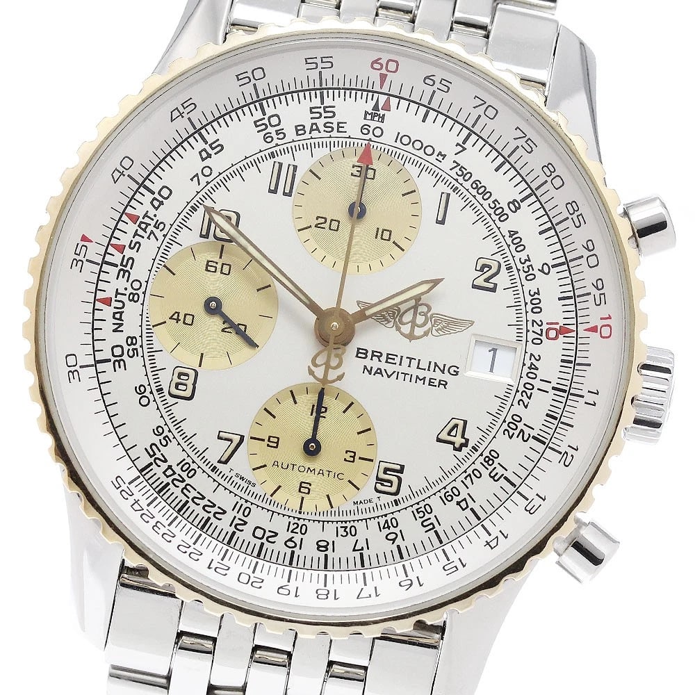 BREITLING OLD NAVITIMER CHRONOGRAPH YG BEZEL AUTOMATIC WATCH: BREITLING Old Navitimer Chronograph YG bezel Automatic Watch Brand: BREITLING Type/Style: Wristwatch Material: Band Material Stainless Steel, Case Material Stainless Steel/YG Color: Case Color Silver