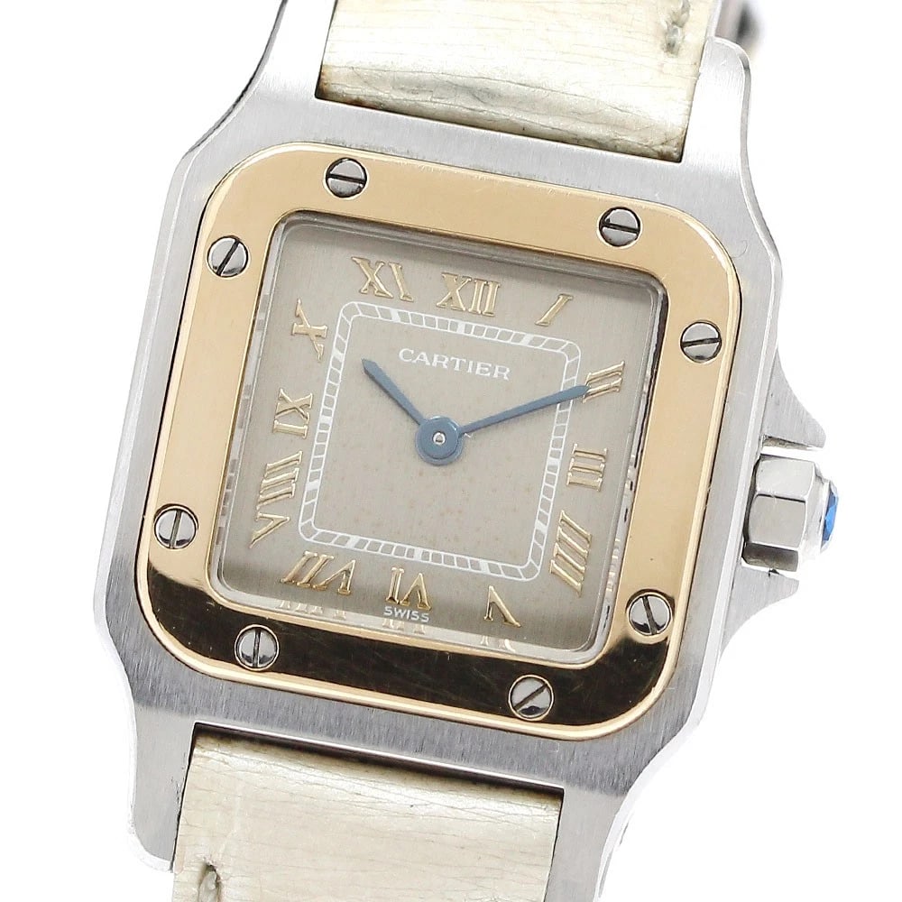 CARTIER SANTOS YG BEZEL GRAY QUARTZ WATCH: CARTIER Santos YG bezel gray Quartz Watch Brand: CARTIER Type/Style: Wristwatch Material: Band Material leather, Case Material Stainless Steel/YG Color: Dial Color gray Band Color beige Case Color