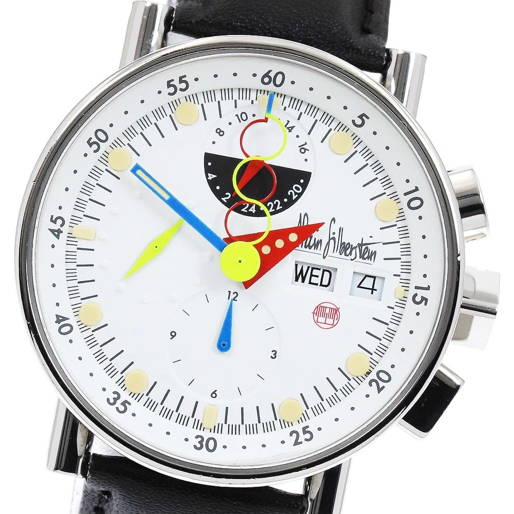 ALAIN SILBERSTEIN CHRONO DATE WATCH: Alain Silberstein Chrono Date Watch Brand: Alain Silberstein Type/Style: Wristwatch Material: Band Material leather, Case Material Stainless Steel Color: Dial Color white Band Color black Case Color
